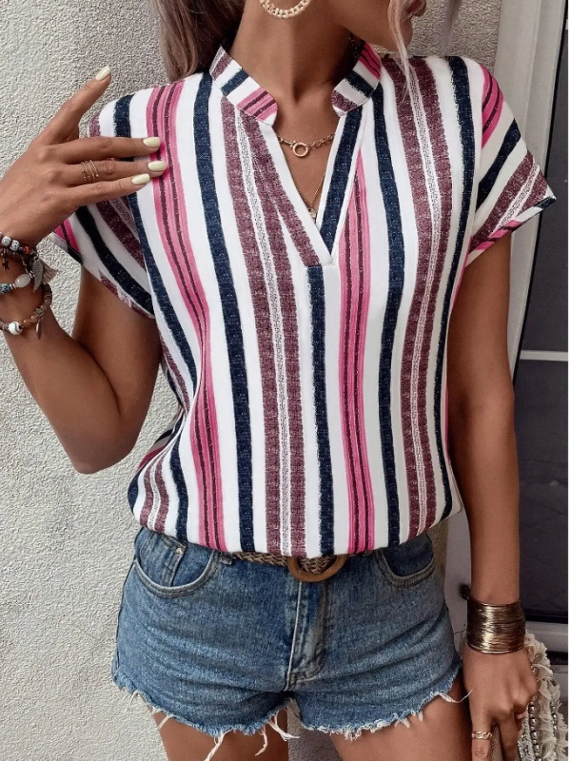Striped Notched Short Sleeve Shirt - Image 10