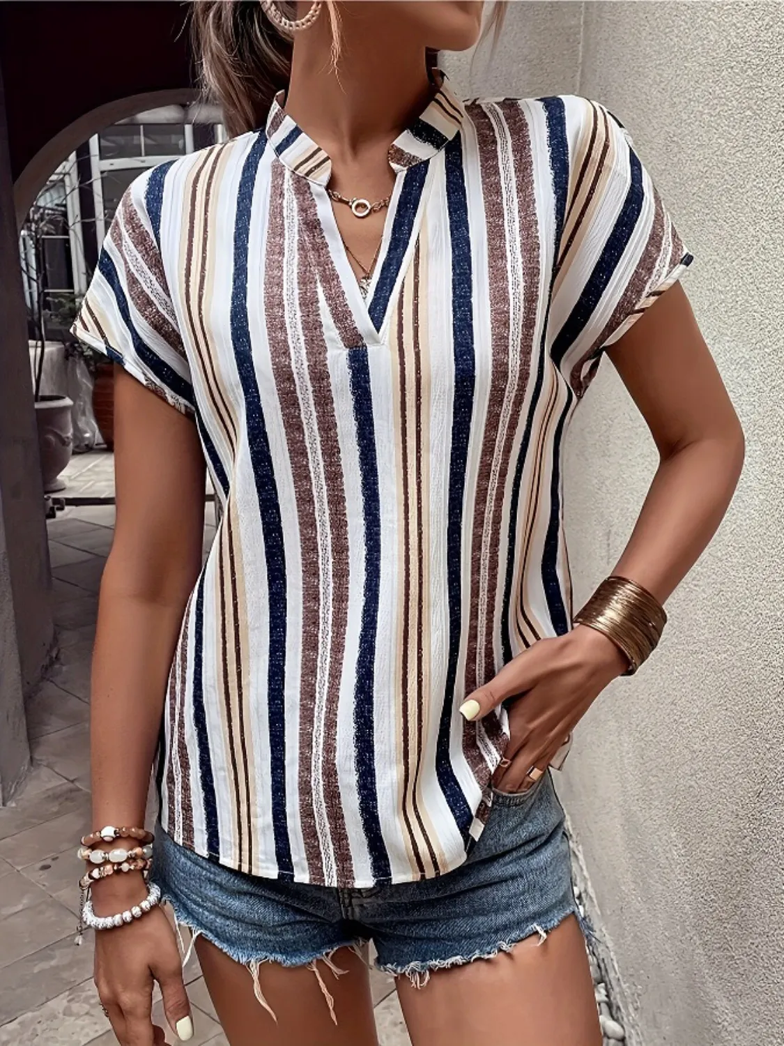 Striped Notched Short Sleeve Shirt - Image 7