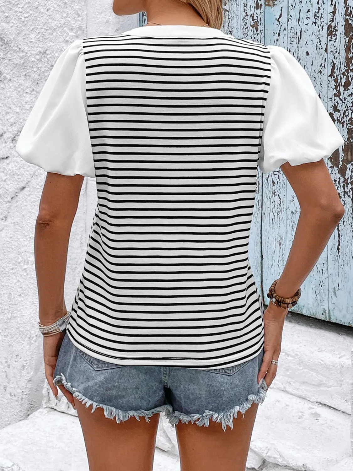 Striped Notched Short Sleeve T-Shirt - Image 6