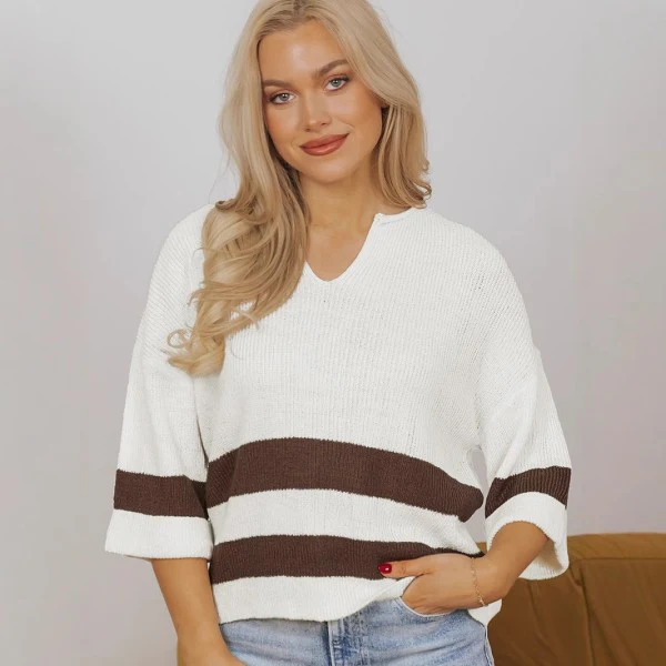 Striped Notched V Neck Cropped Sweater T Shirt - Image 8