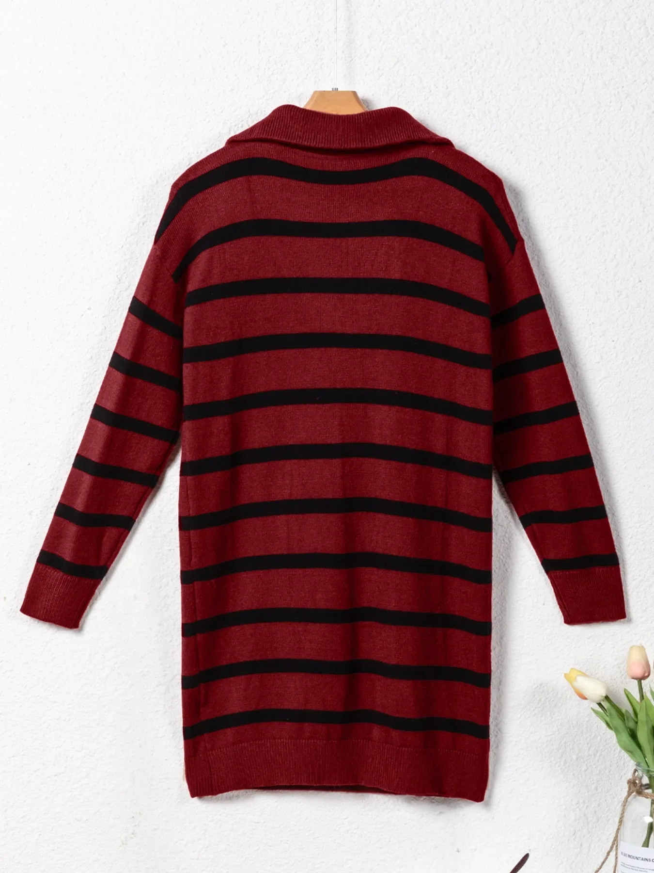 Striped O-ring Zip Collared Loose Sweater Mini Dress - Image 19