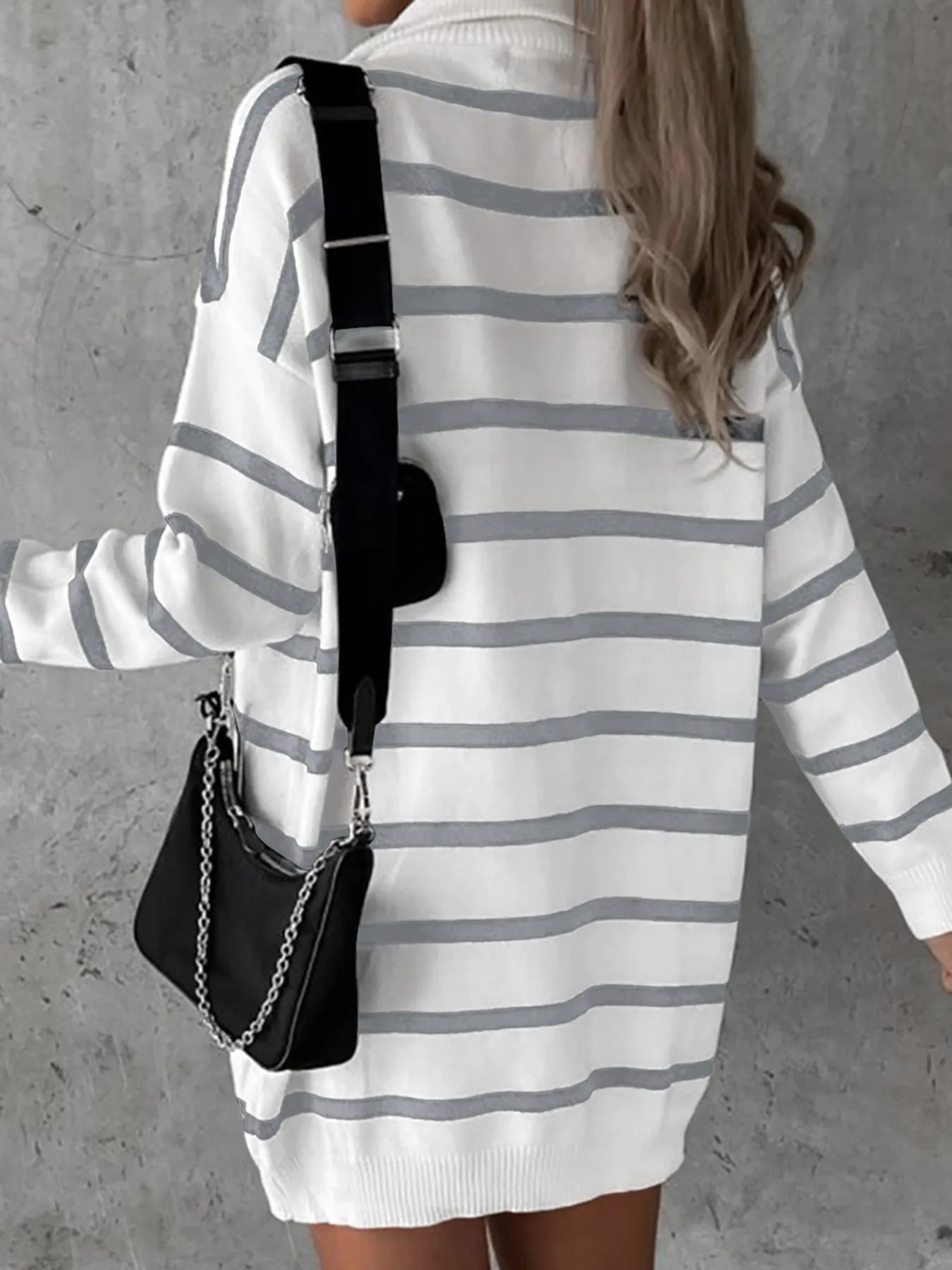 Striped O-ring Zip Collared Loose Sweater Mini Dress - Image 2