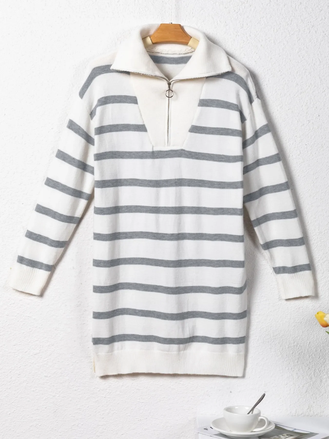 Striped O-ring Zip Collared Loose Sweater Mini Dress - Image 6