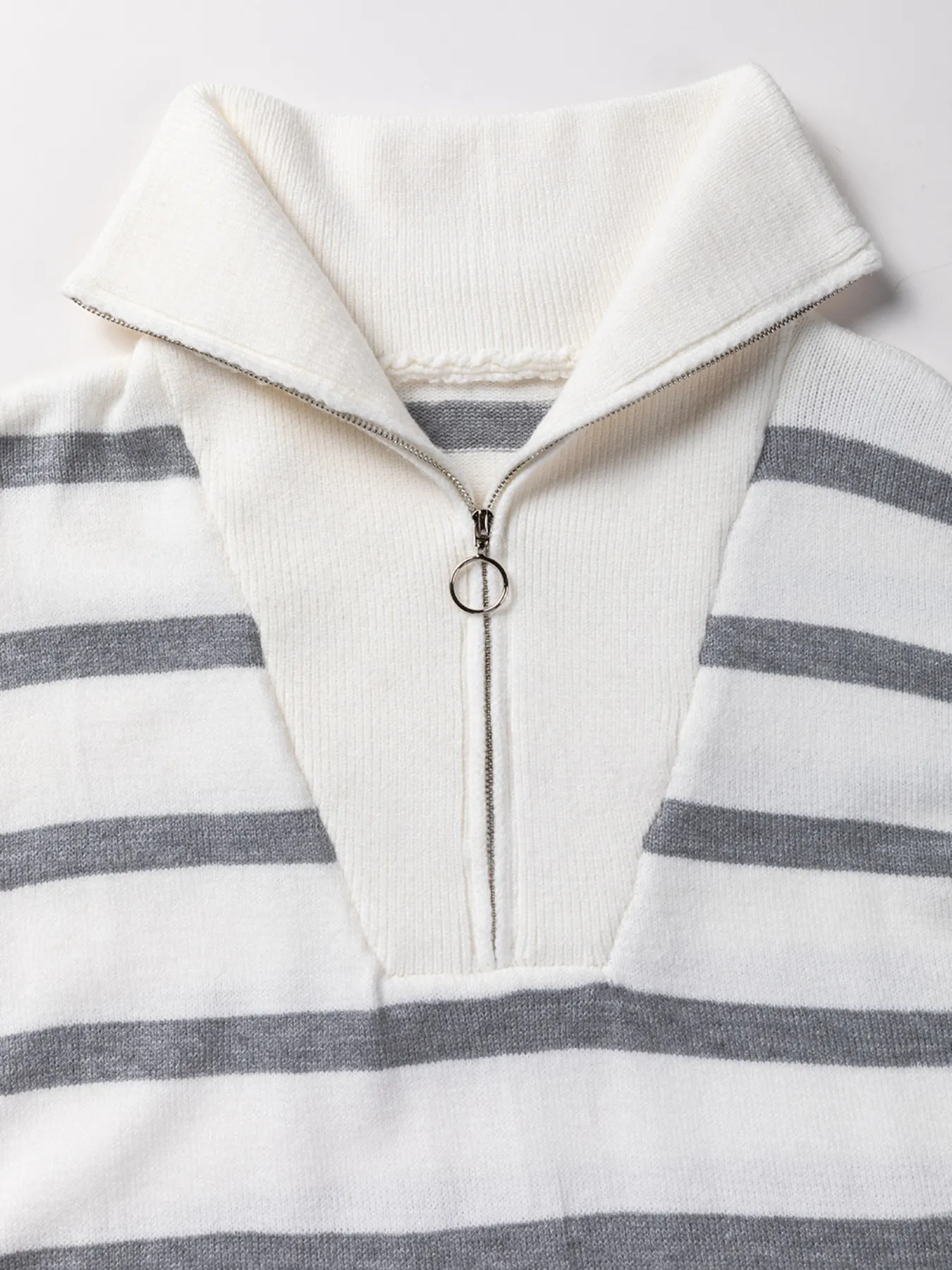 Striped O-ring Zip Collared Loose Sweater Mini Dress - Image 8