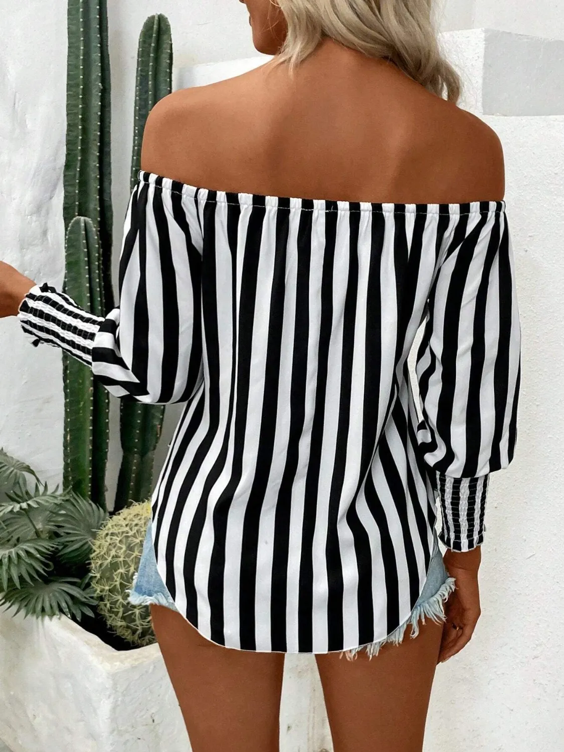 Striped Off-Shoulder Long Sleeve Blouse - Image 4