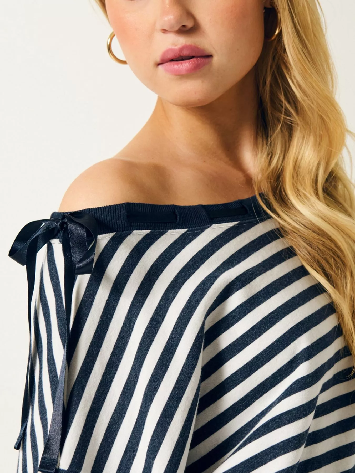 Striped Off-Shoulder Ribbon Accent Sweatshirt - Image 2