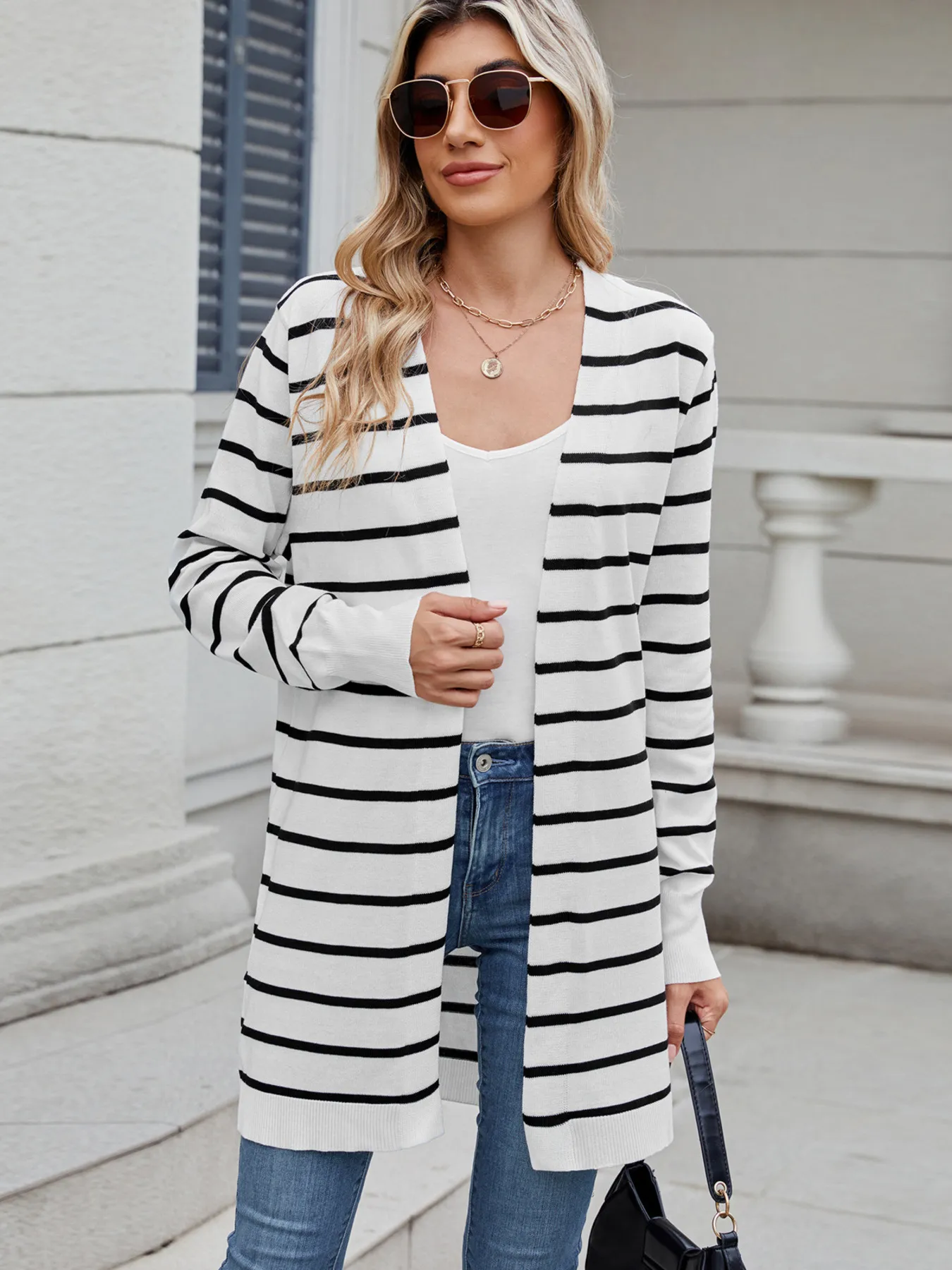 Striped Open Front Cardigan with Relaxed Fit - Image 4