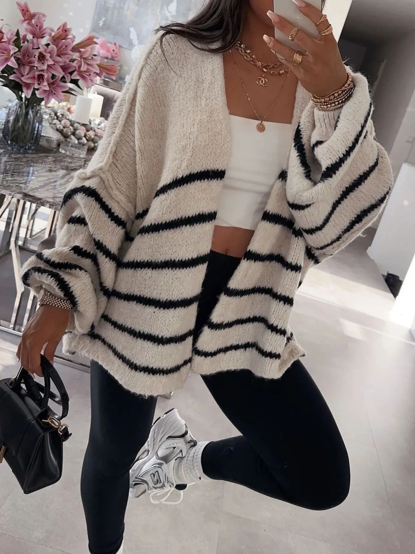 Striped Open Front Dropped Shoulder Cardigan - Image 2