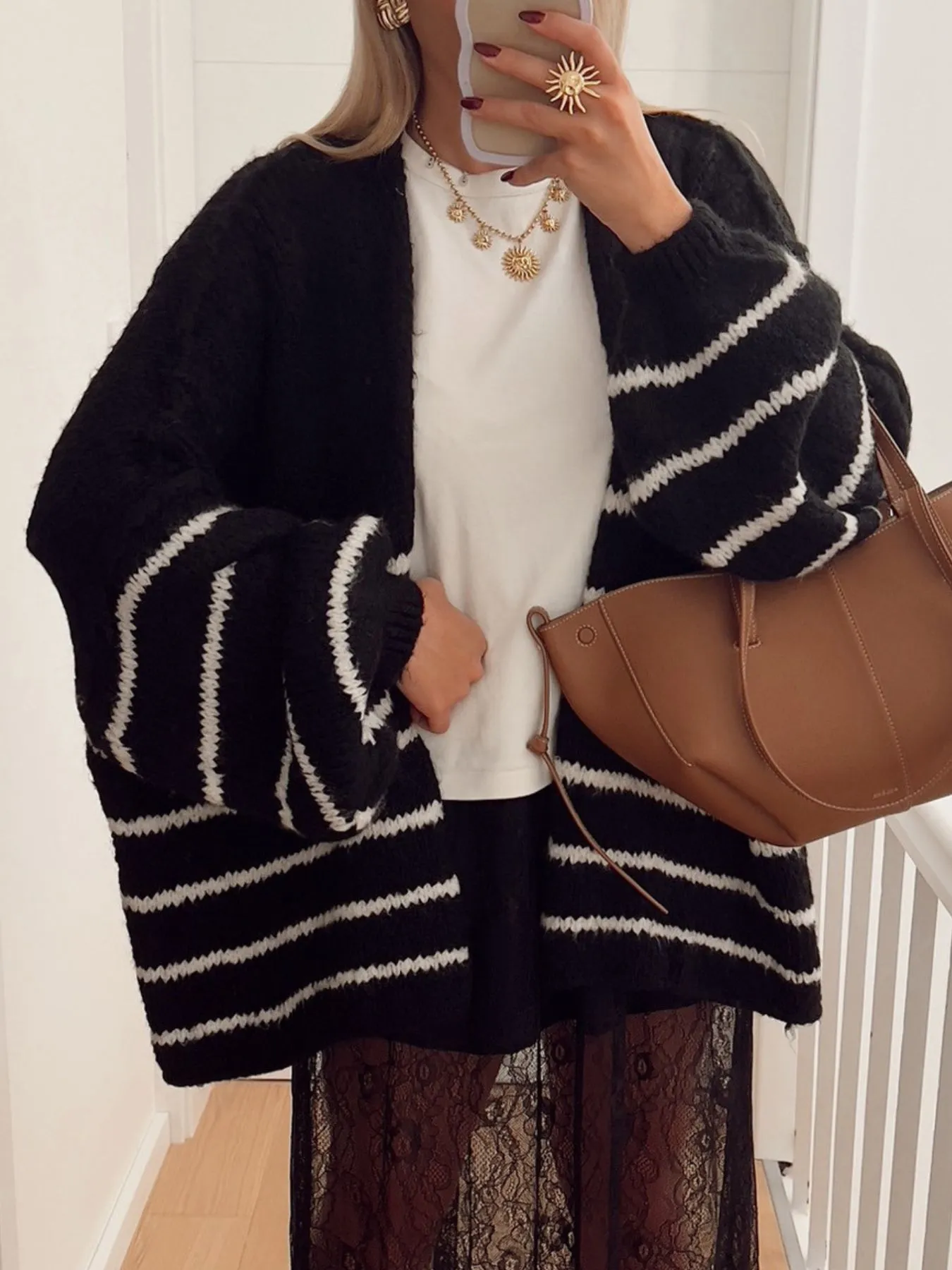 Striped Open Front Dropped Shoulder Cardigan - Image 6
