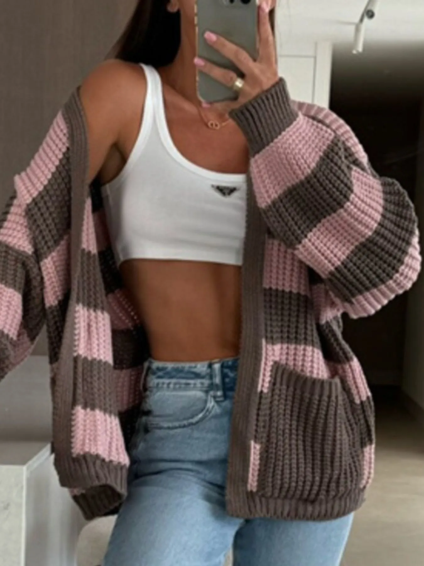 Striped Open Front Long Sleeve Cardigan - Image 12
