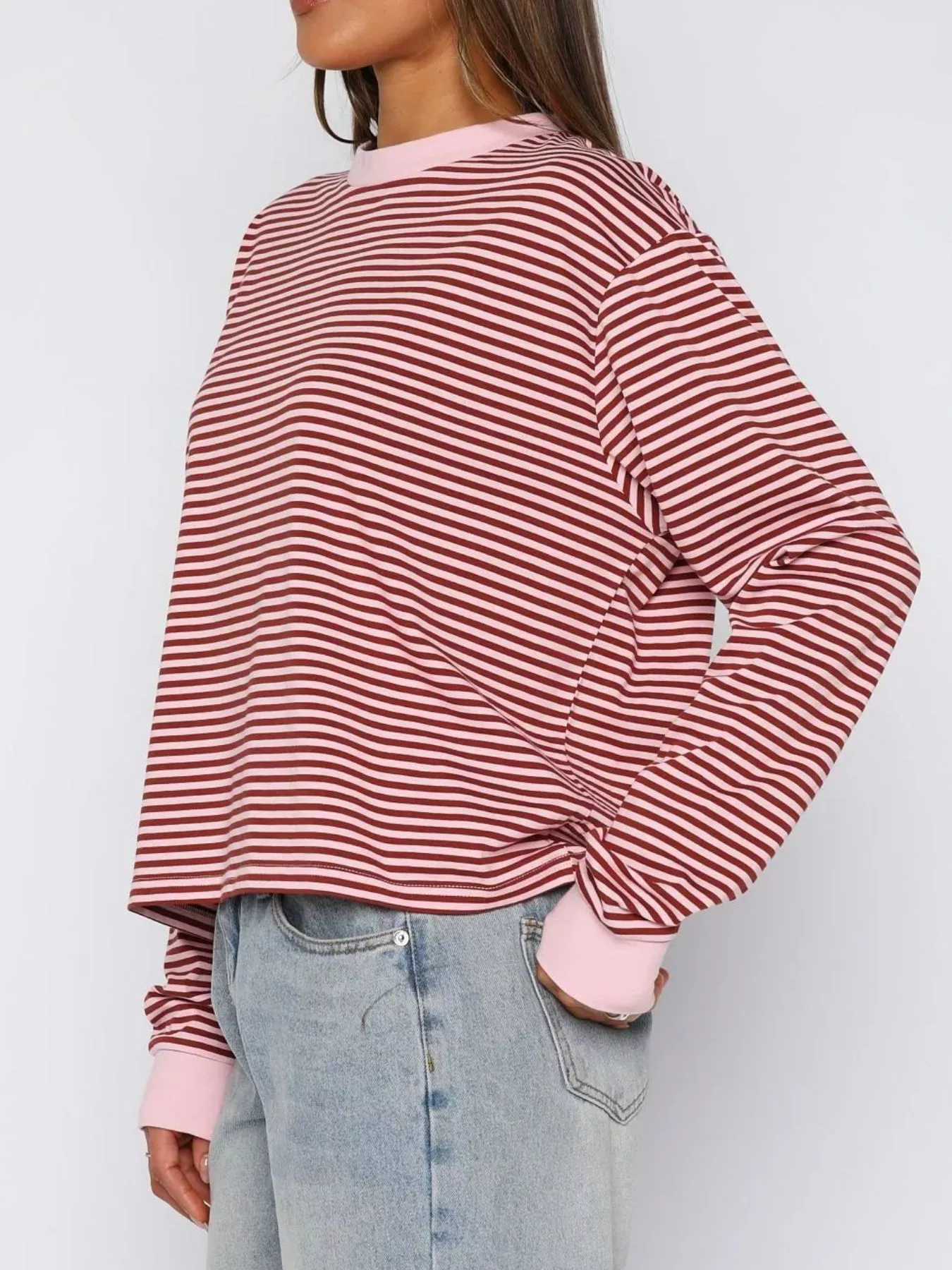 Striped Oversized Round Neck Sweatshirt - Image 8