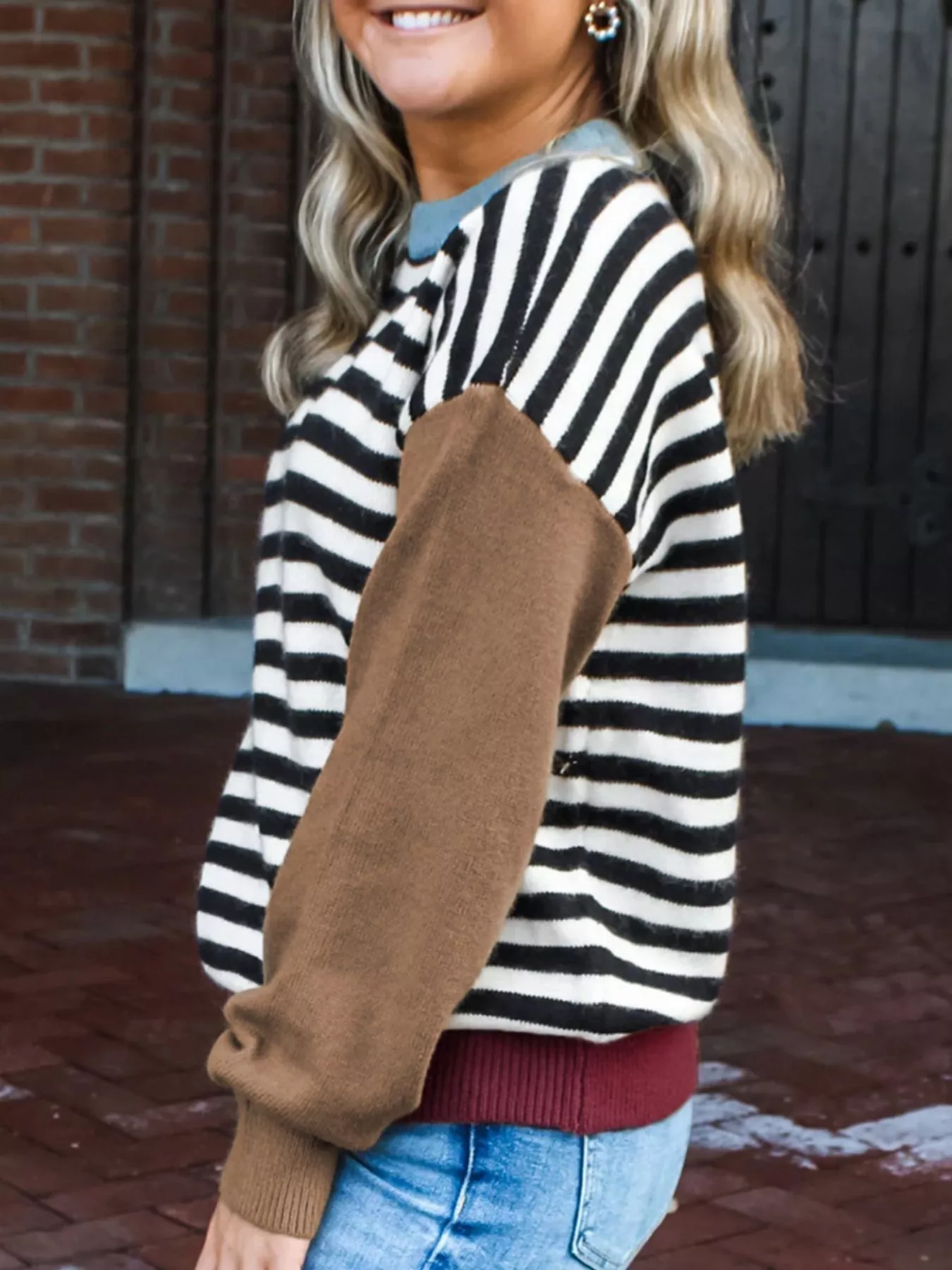 Striped Panels Colorblock Sleeve Sweater - Image 2