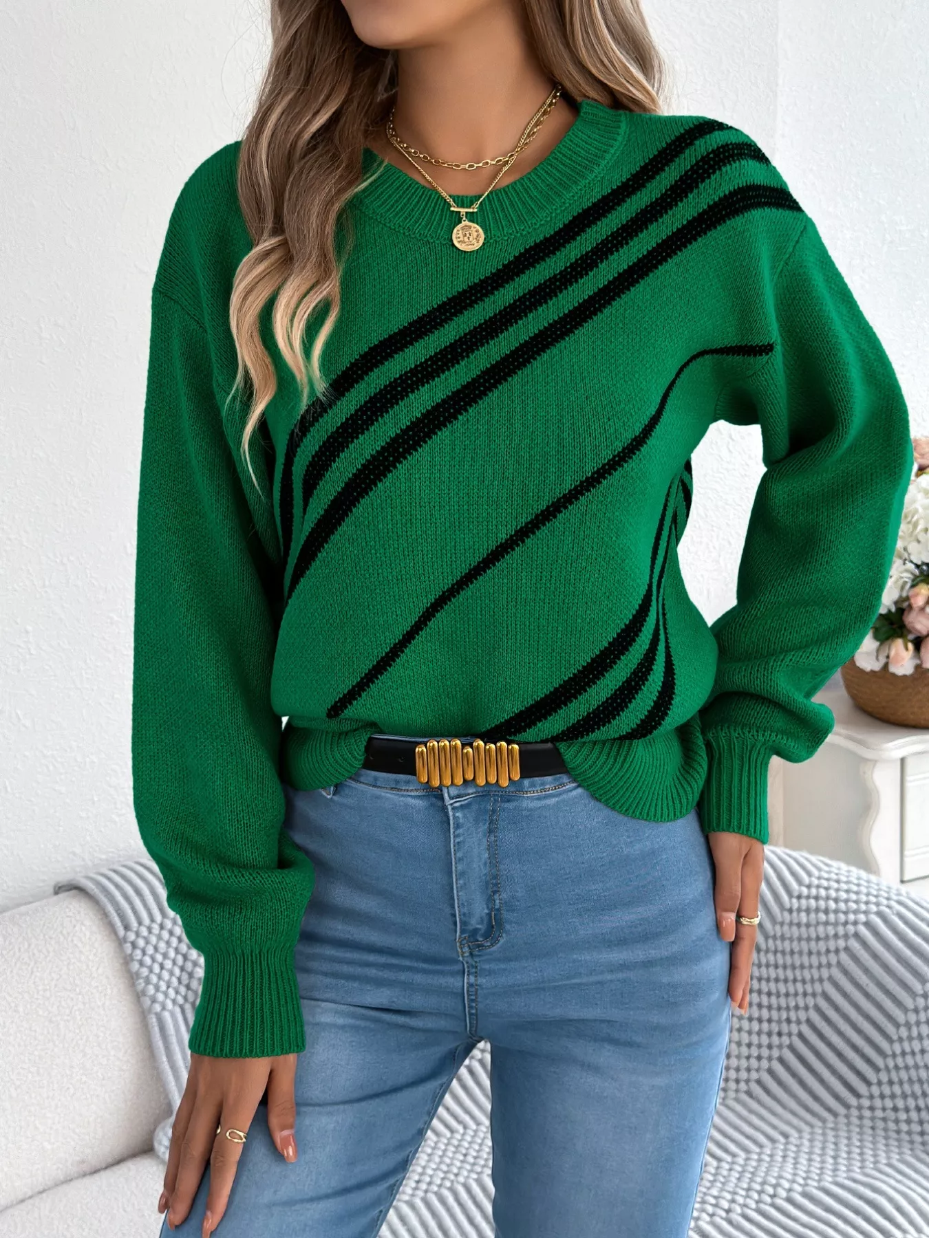Striped Pattern Casual Round Neck Sweater - Image 15