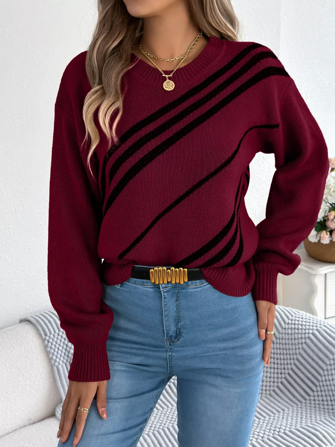 Striped Pattern Casual Round Neck Sweater - Image 8
