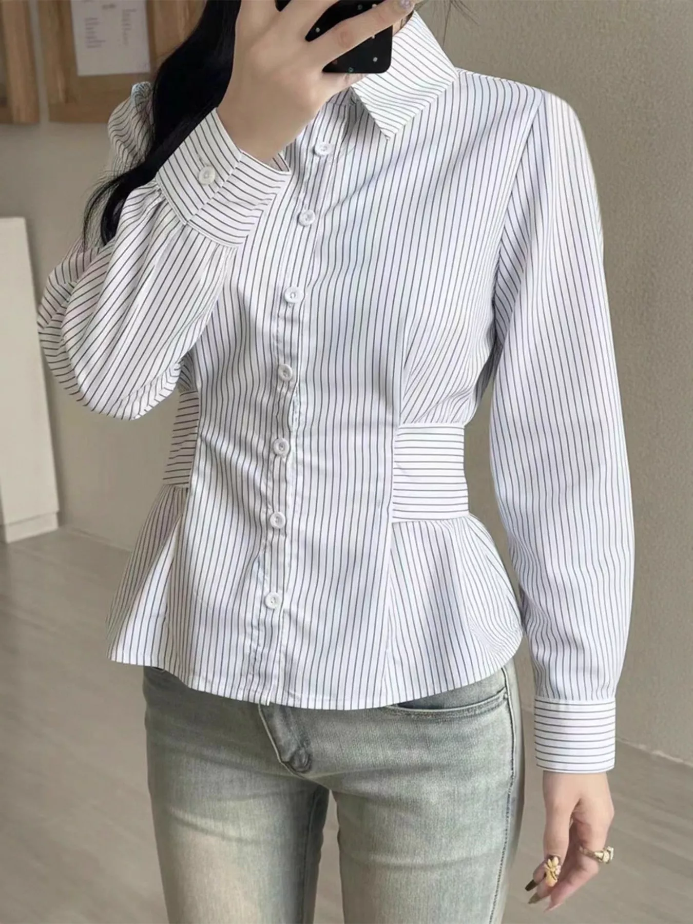 Striped Peplum Button Up Shirt