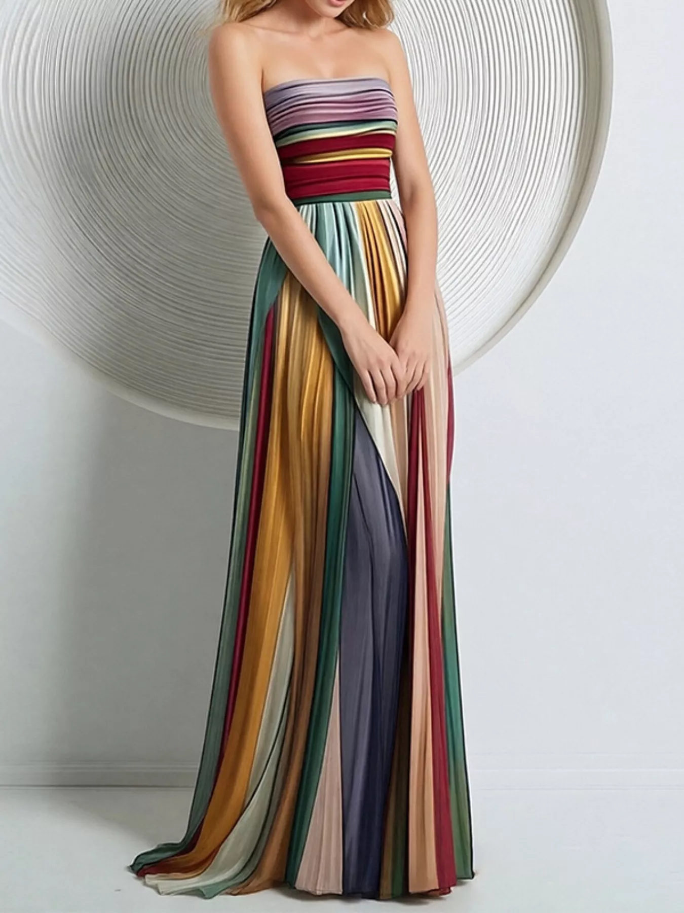 Striped Pleated Tube Maxi Dress - Image 2