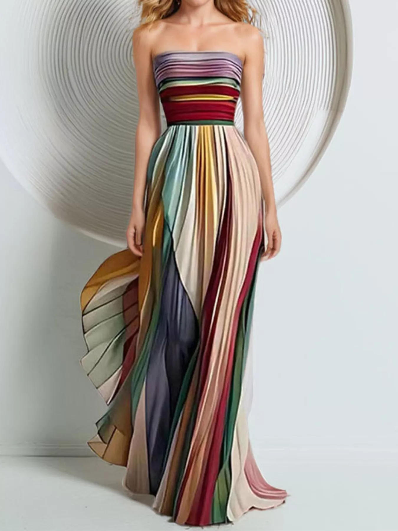 Striped Pleated Tube Maxi Dress - Image 3
