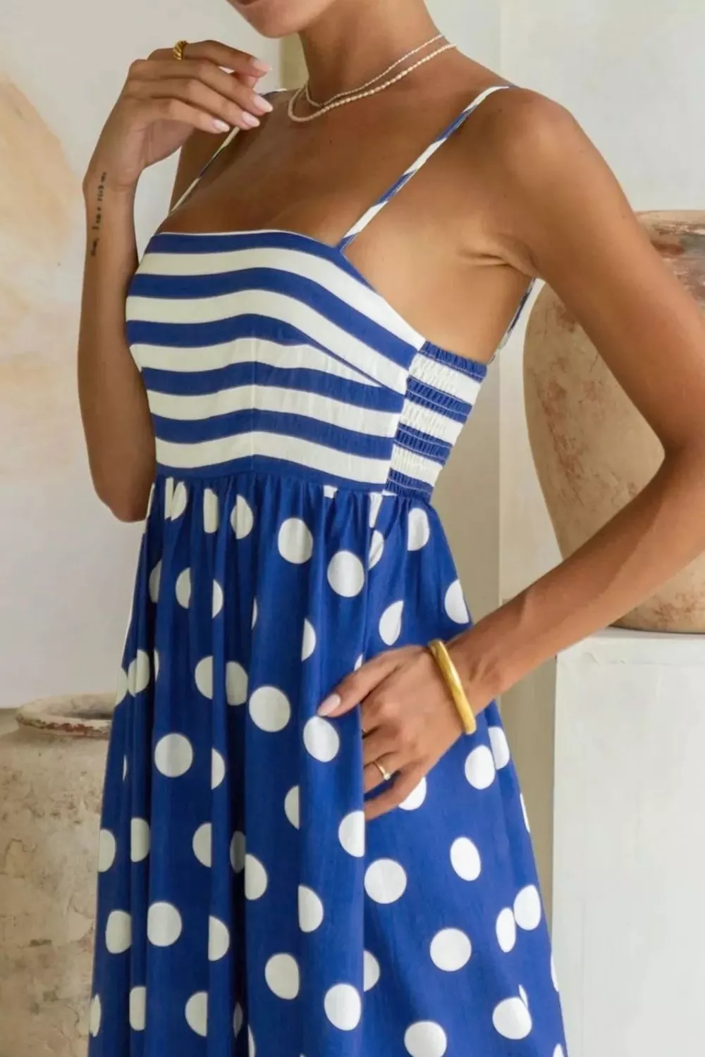 Striped Polka Dot Patchwork High Waist Spaghetti Straps Maxi Dress - Image 5