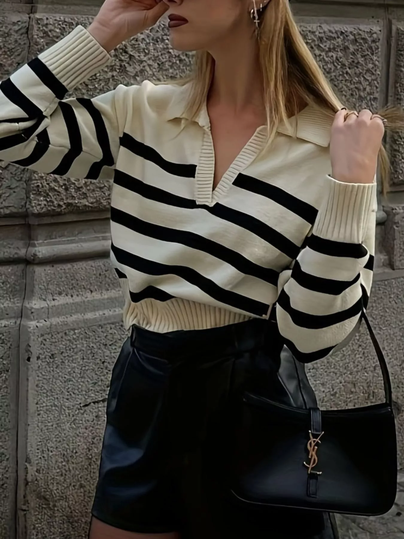 Striped Polo Collar Knit Sweater - Image 2