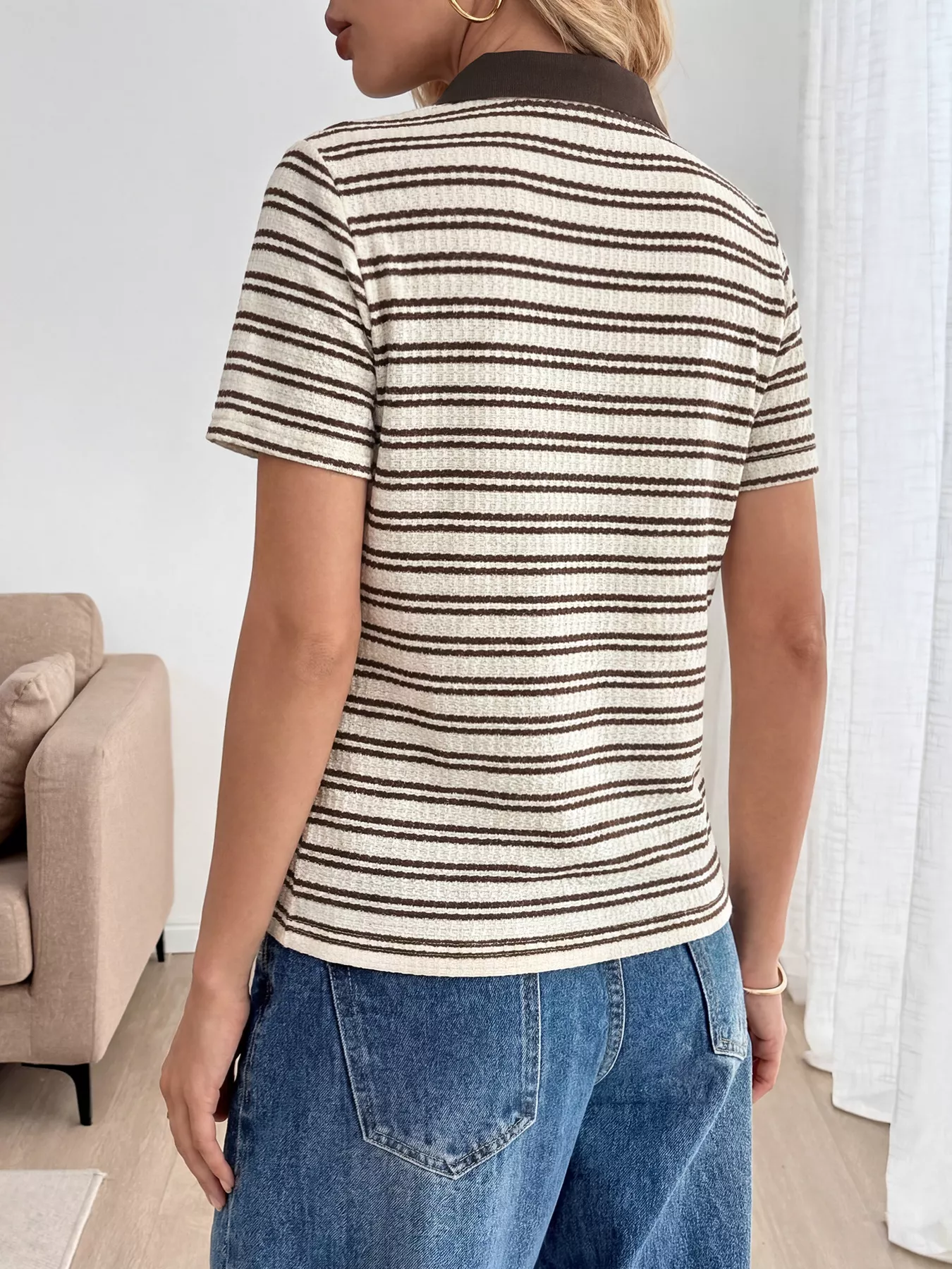 Striped Polo Collar Short Sleeve Top - Image 6