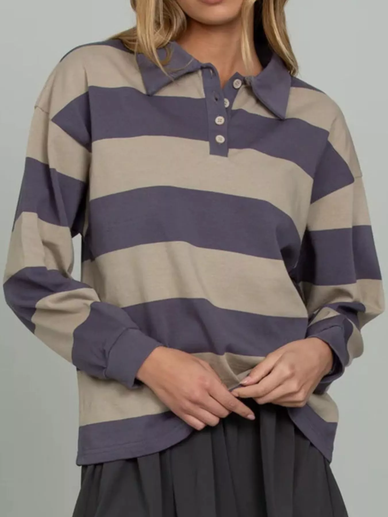 Striped Polo Collar Sweatshirt with Button Details - Image 2