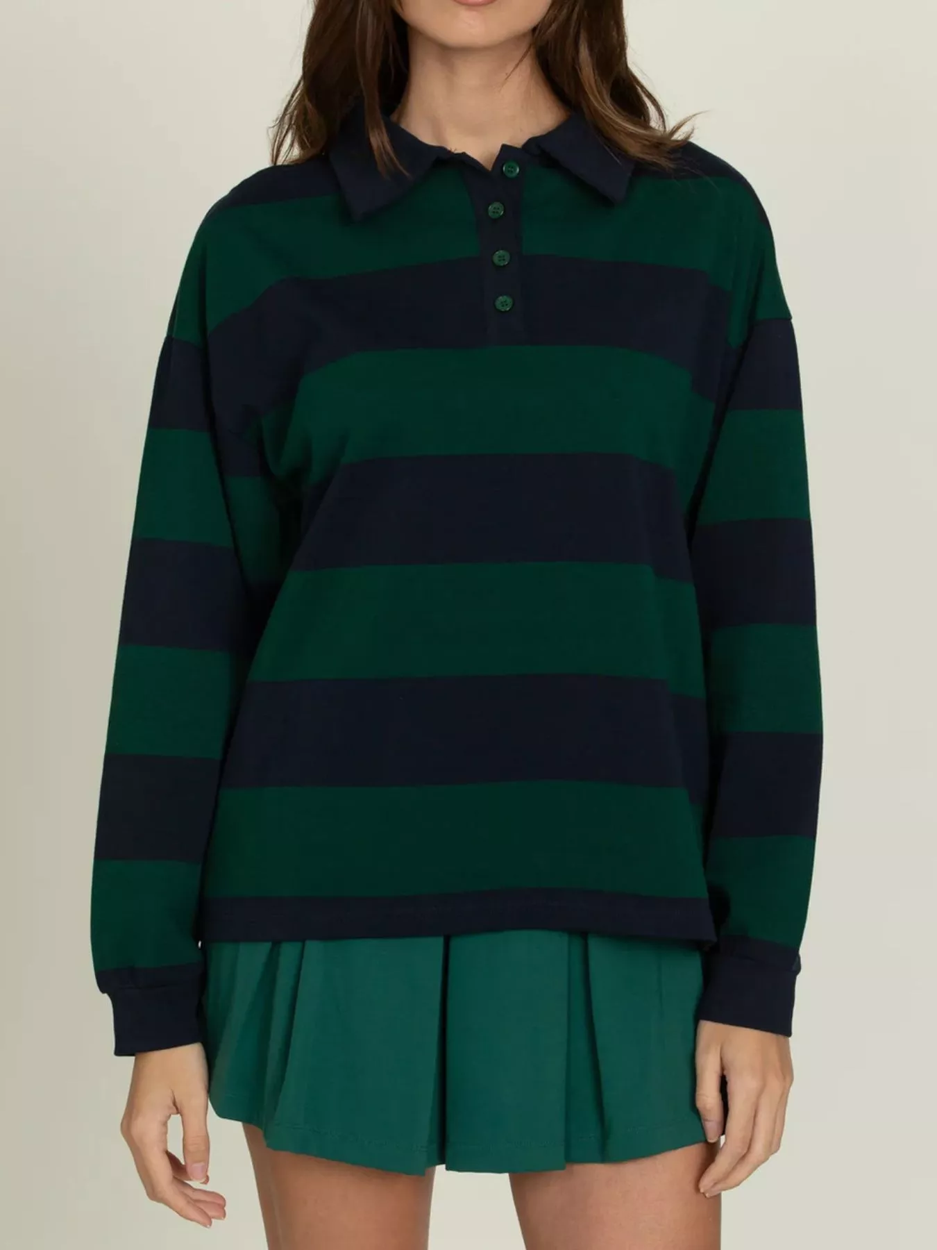 Striped Polo Collar Sweatshirt with Button Details - Image 8
