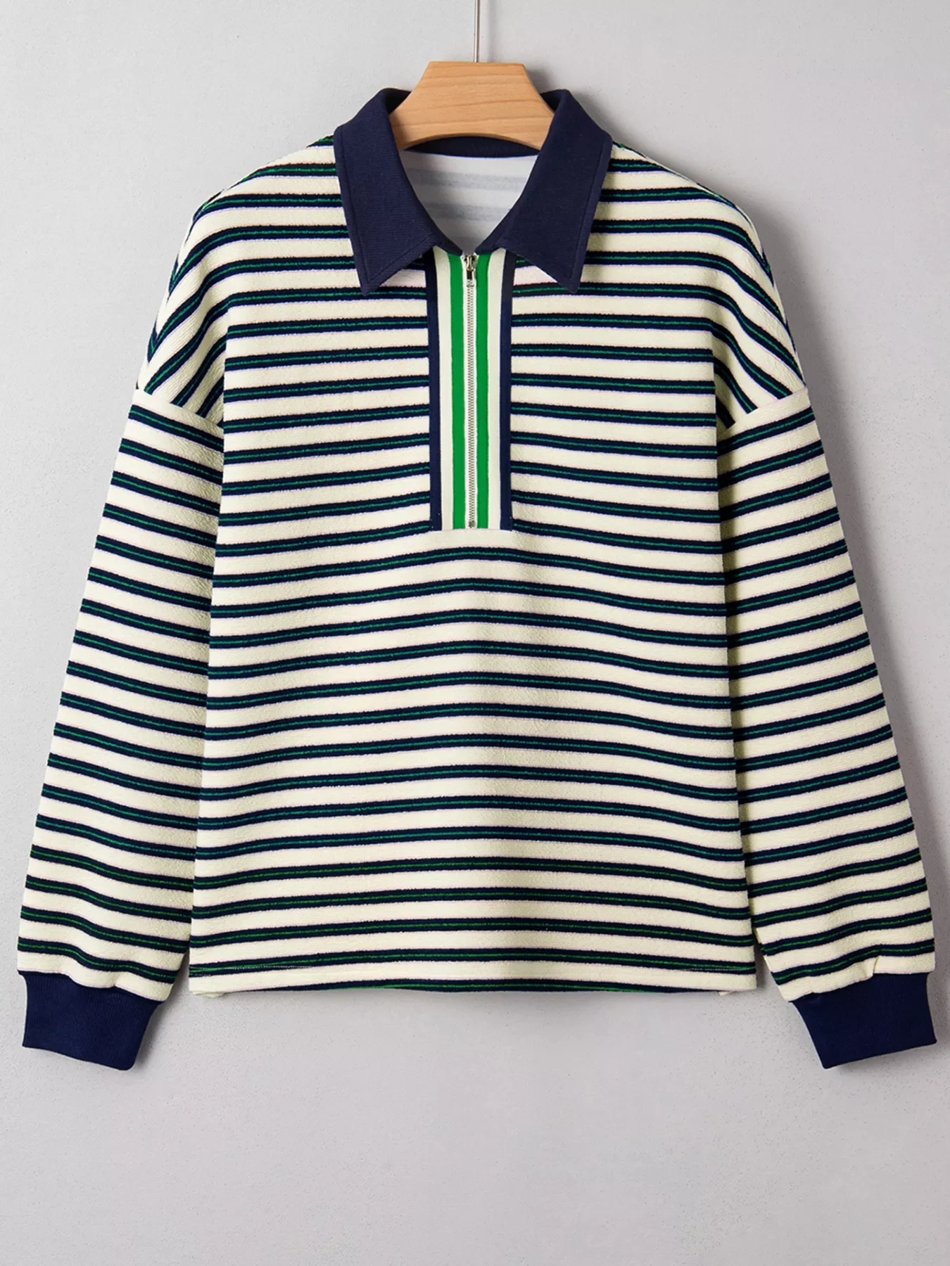 Striped Print Contrast Collar Zip V Neck Long Sleeve Top - Image 2