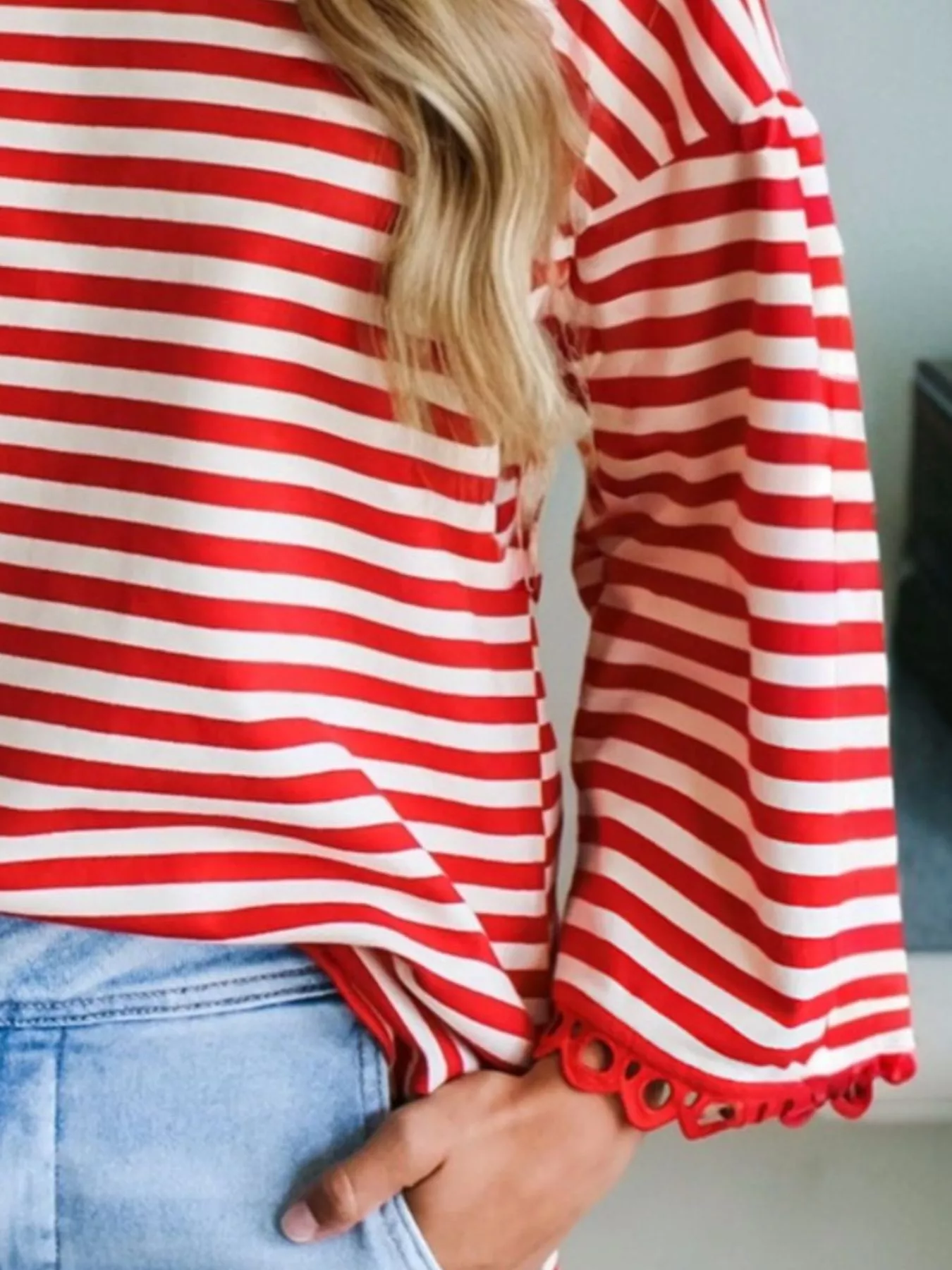 Striped Print Drop Shoulder Lace Trim Loose Top - Image 3