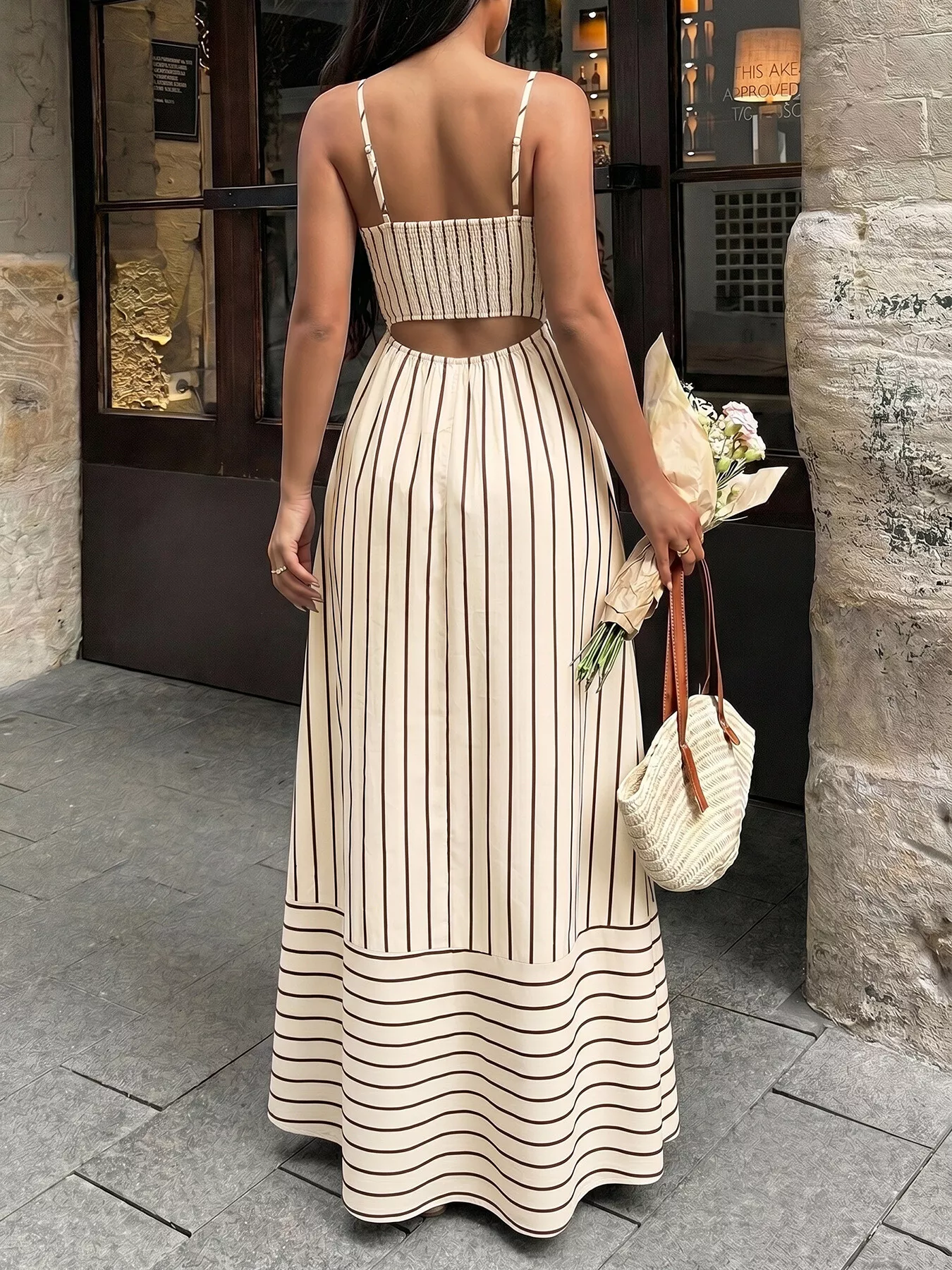 Striped Print Spaghetti Strap Maxi Dress - Image 5