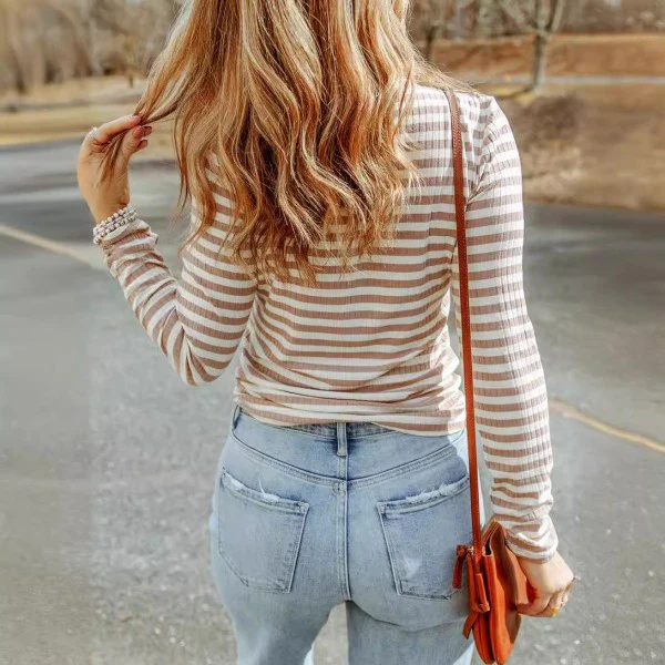 Striped Print Textured Knit Long Sleeve Tee - Image 3