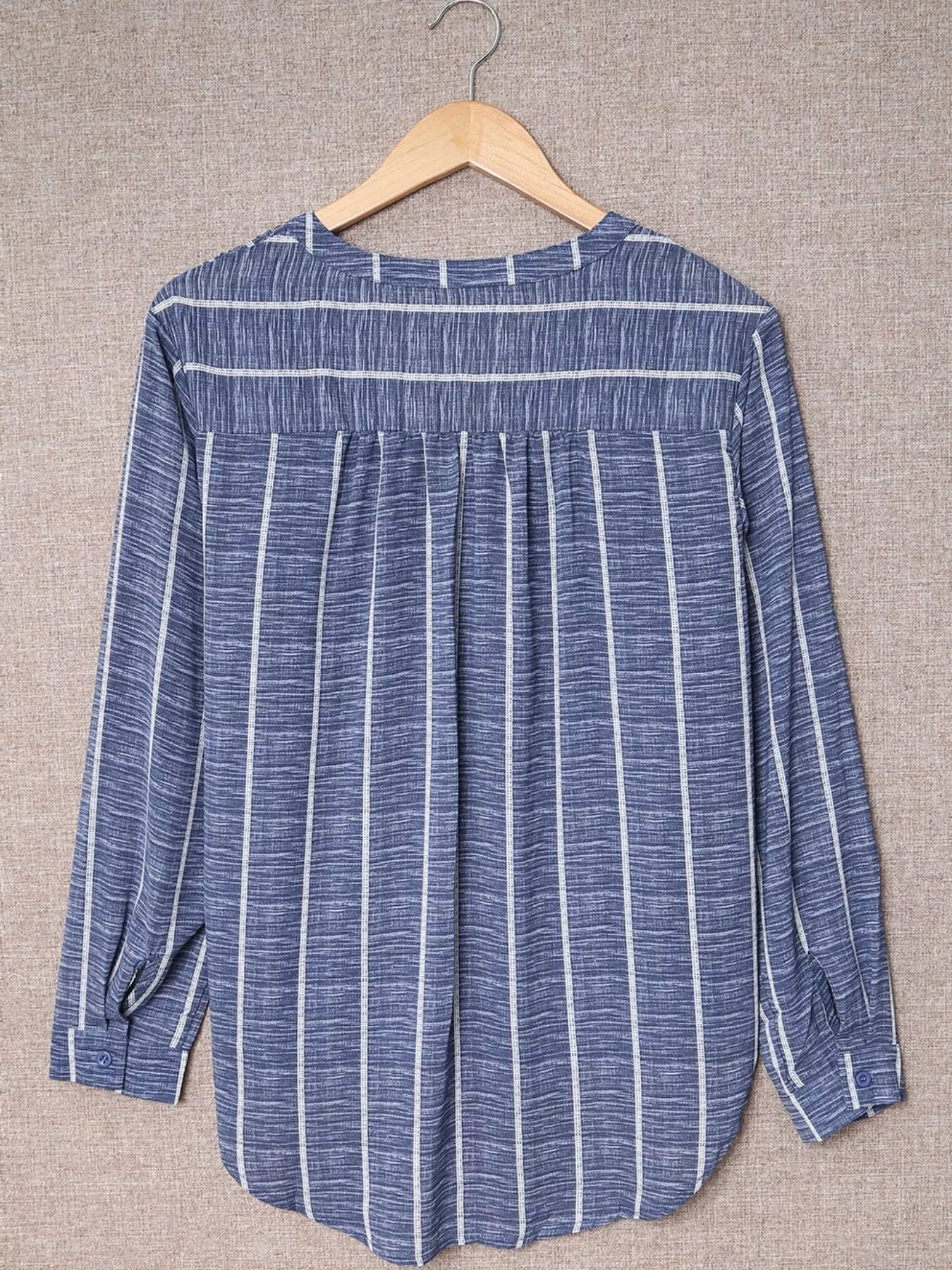 Striped Print V Neck Half Buttons Loose Blouse - Image 7