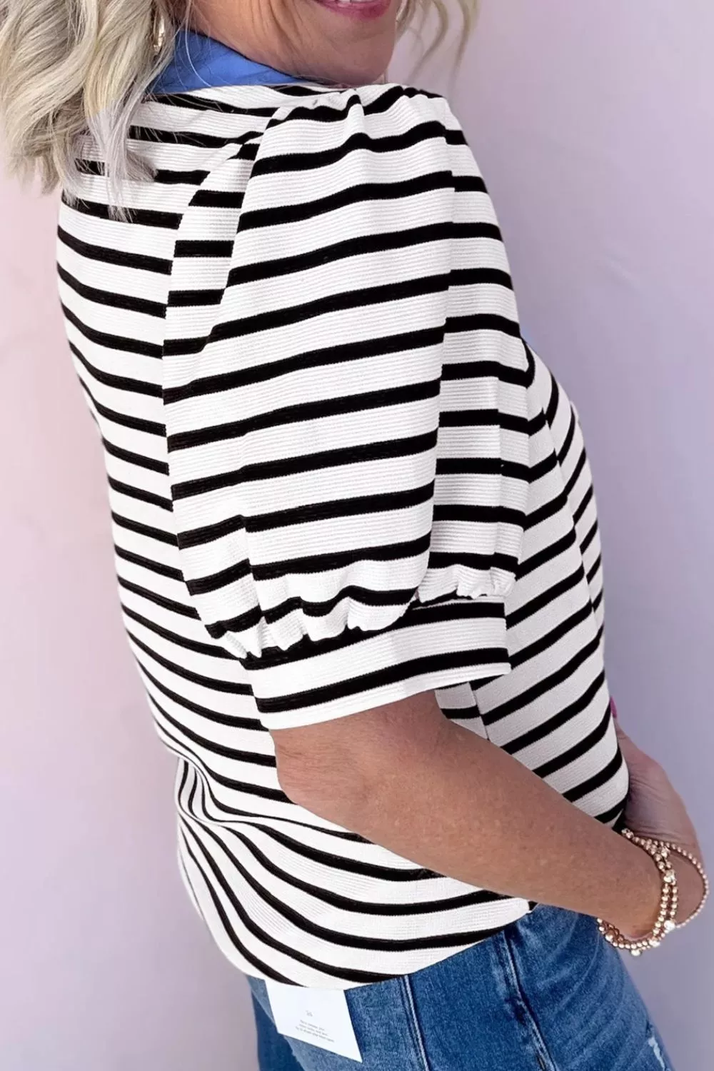 Striped Puff Sleeve Blouse with Contrast Collar - Image 3