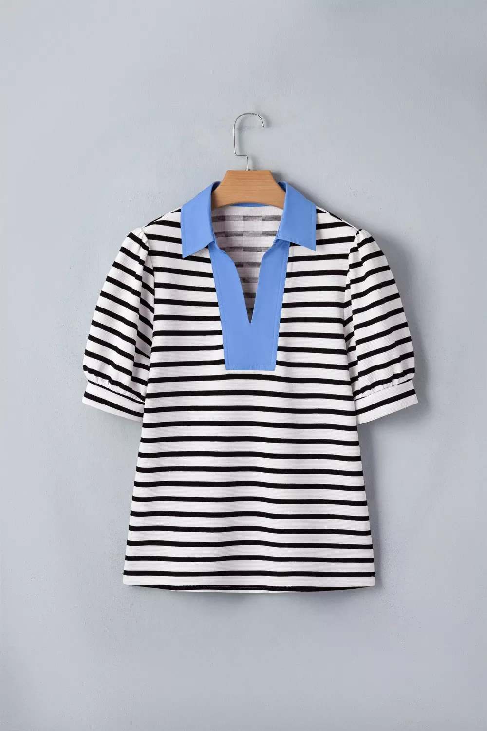 Striped Puff Sleeve Blouse with Contrast Collar - Image 5