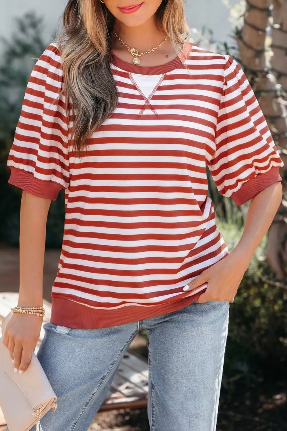 Striped Puff Sleeve Casual T-Shirt - Image 2
