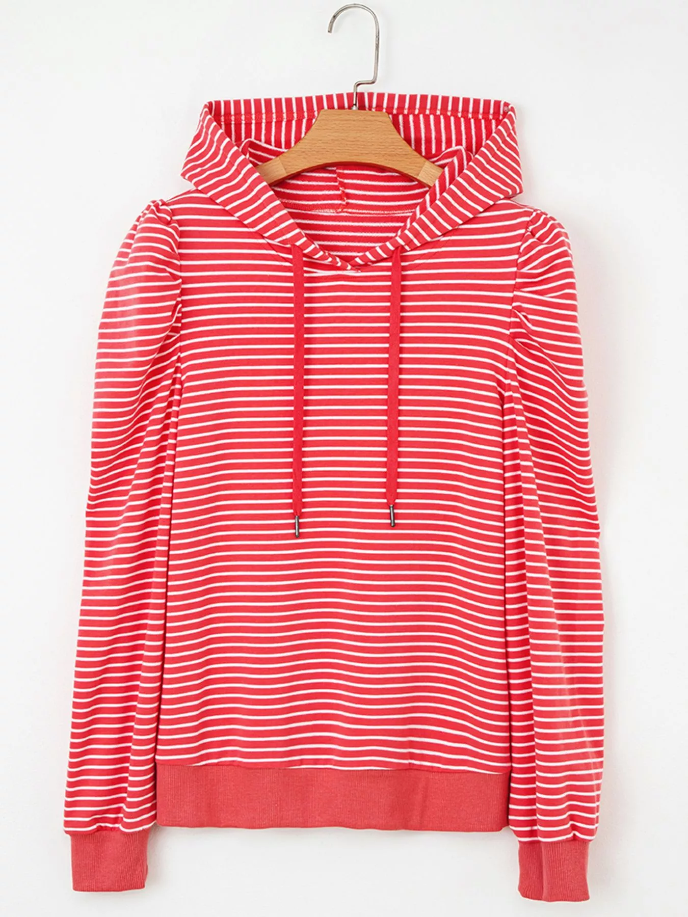 Striped Puff Sleeve Hoodie with Drawstring - Image 6