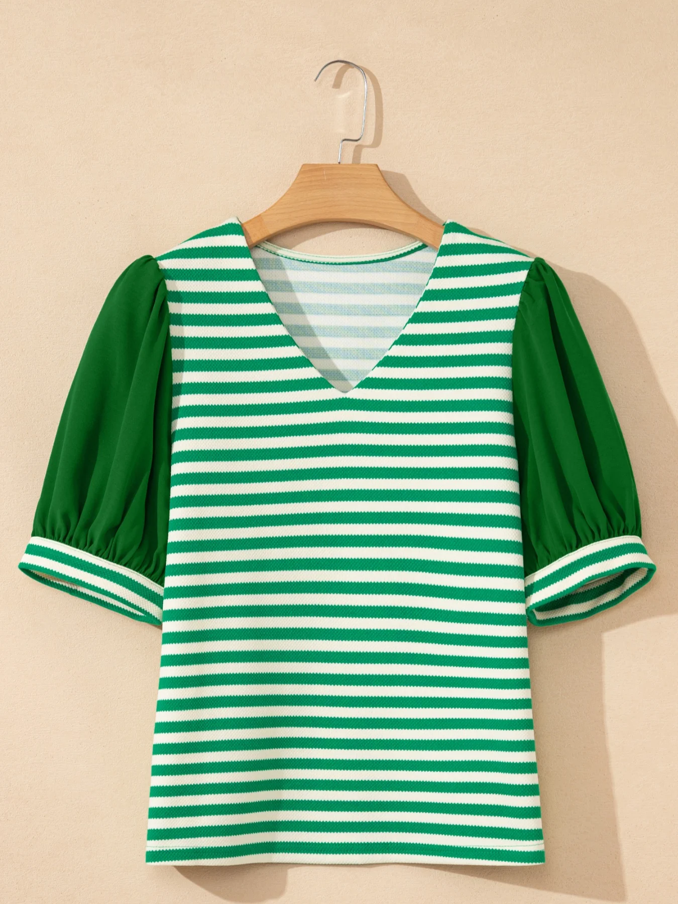 Striped Puff Sleeve V-Neck Blouse - Image 4