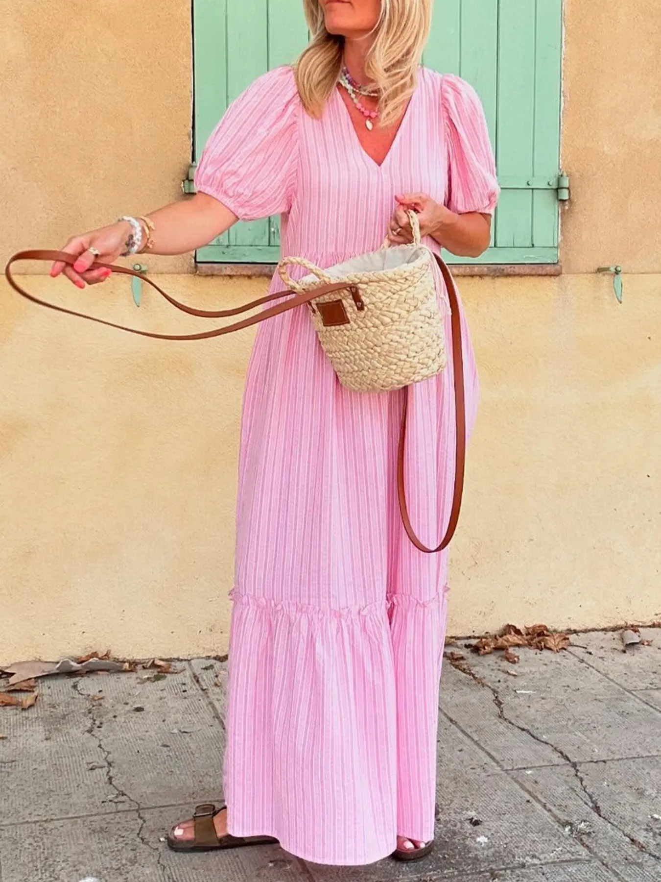 Striped Puff Sleeve V-Neck Maxi Dress - Image 3