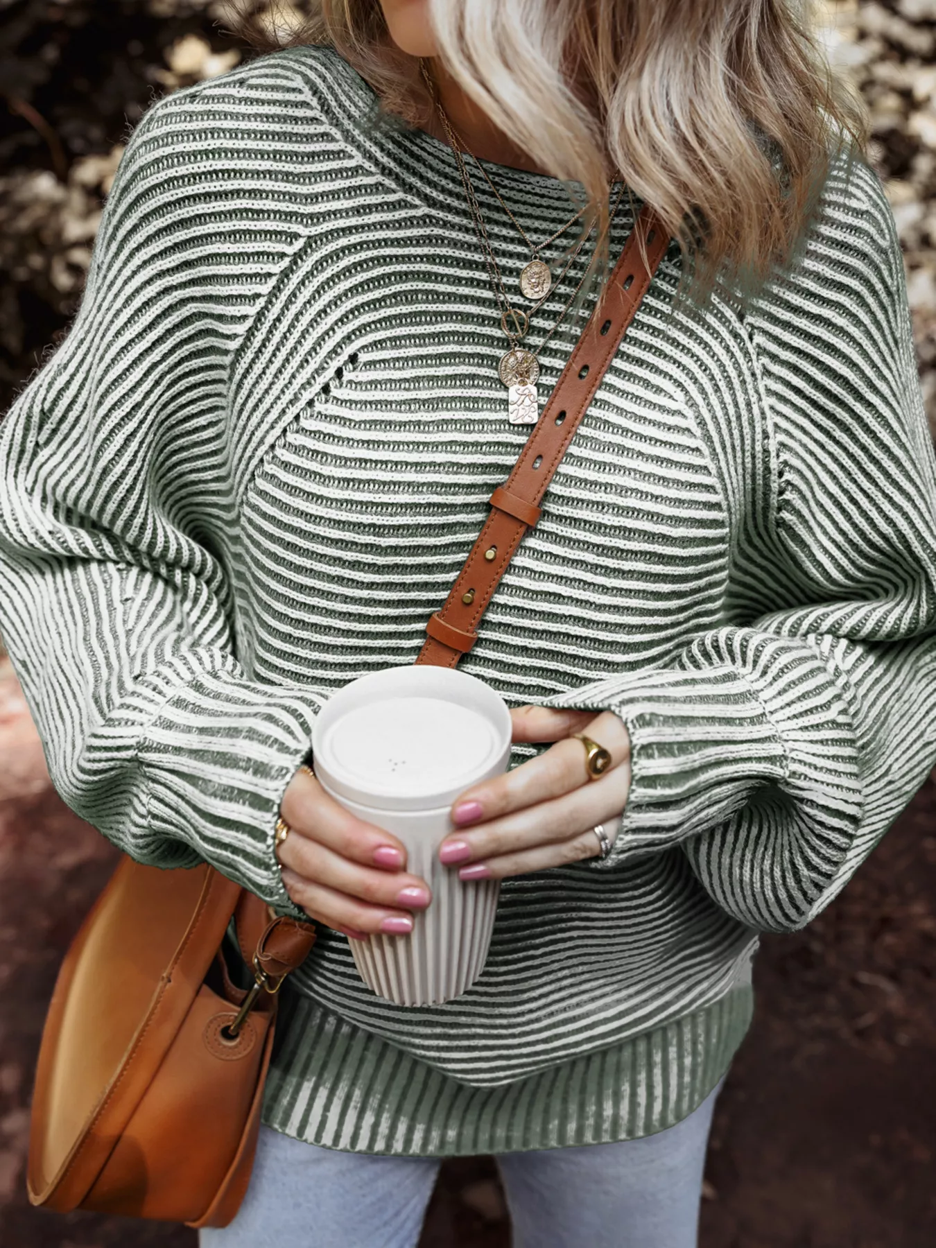 Striped Ribbed Knit Boat Neck Baggy Sweater - Image 6