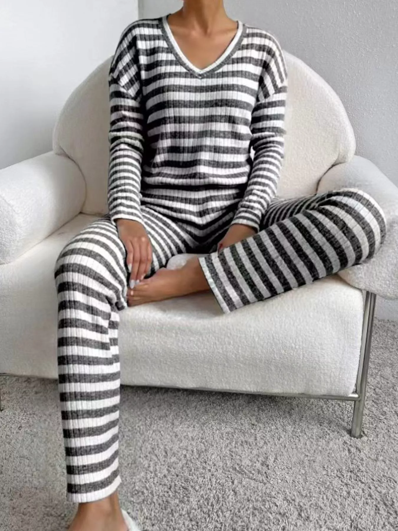 Striped Ribbed Knit Top and Pants Set - Image 3