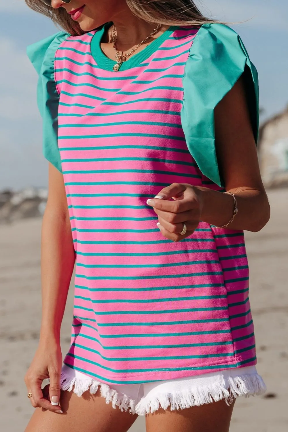 Striped Round Neck Cap Sleeve Blouse - Image 2