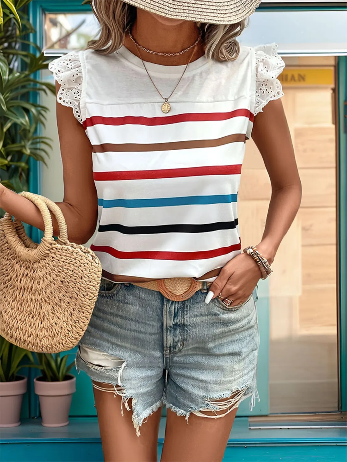 Striped Round Neck Cap Sleeve T-Shirt - Image 2