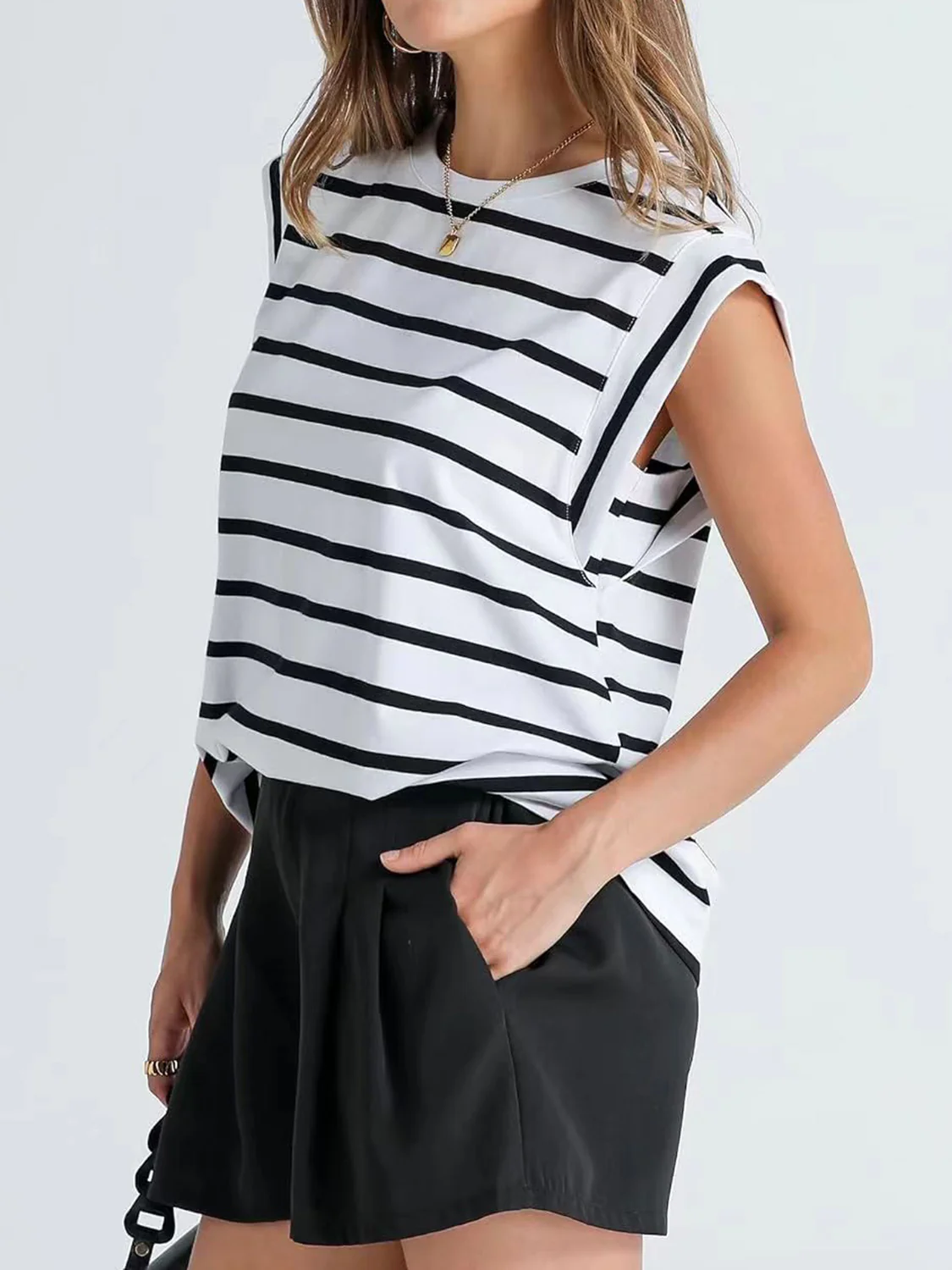 Striped Round Neck Cap Sleeve T-Shirt - Image 14