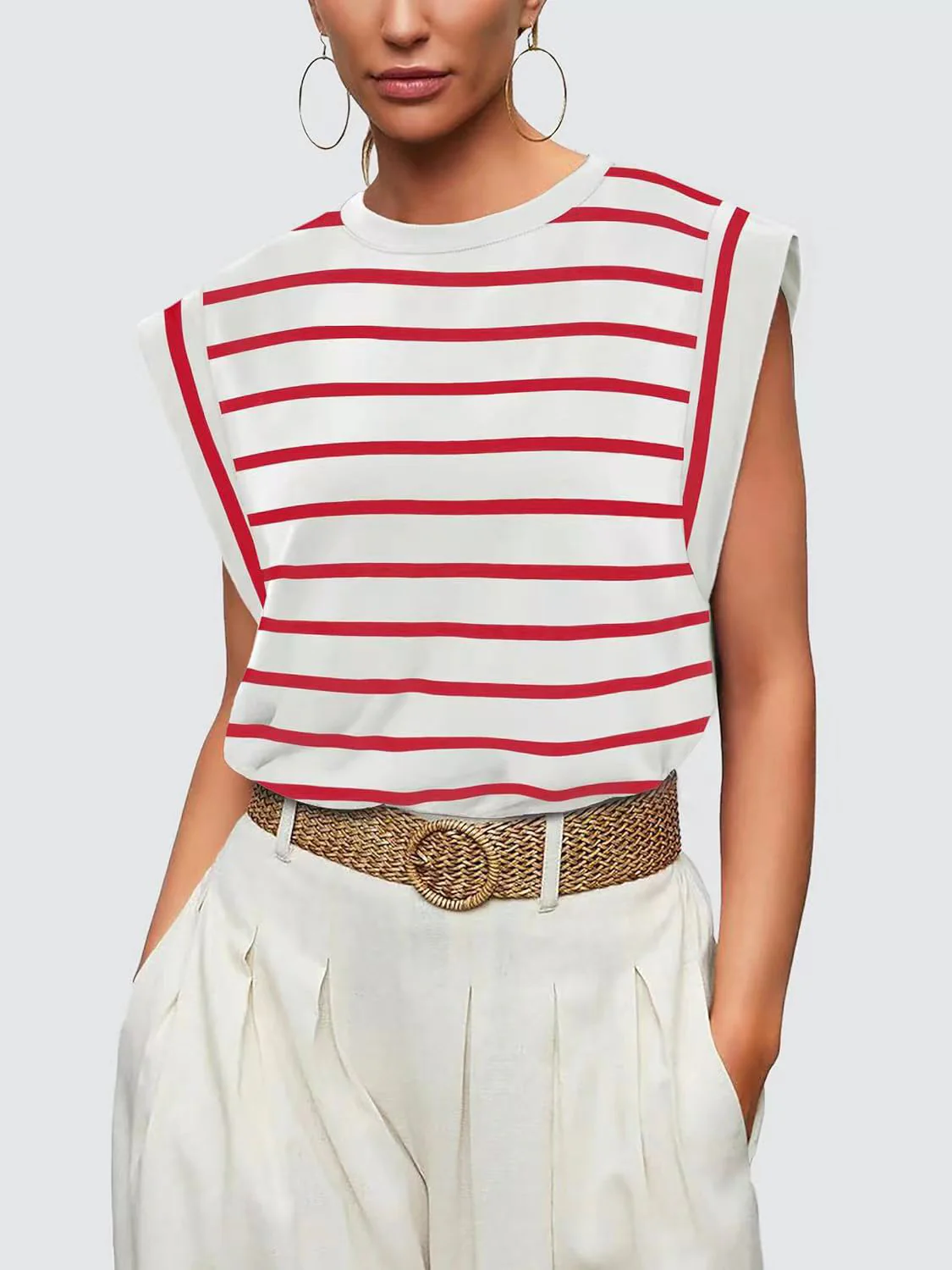 Striped Round Neck Cap Sleeve T-Shirt - Image 4