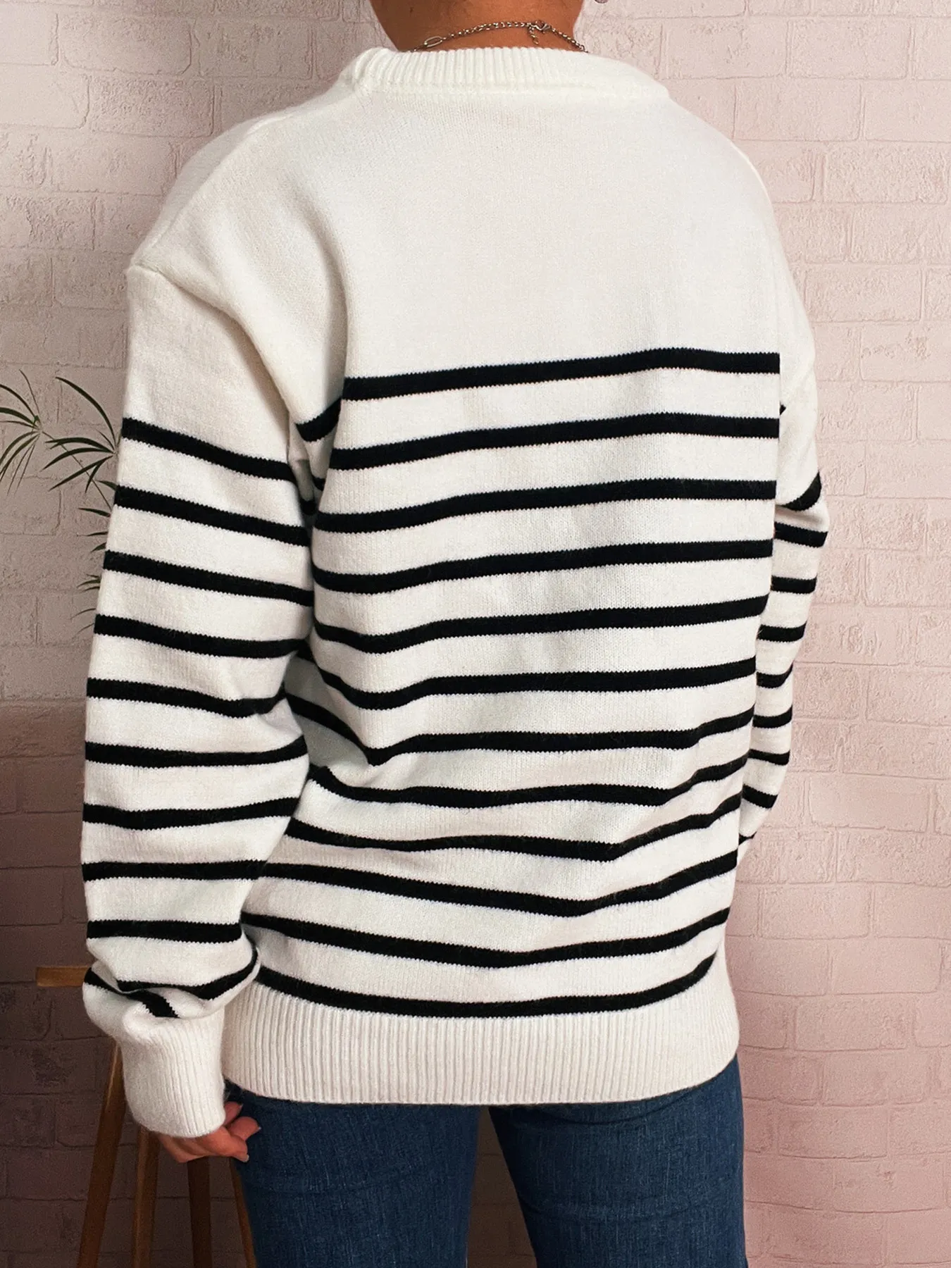 Striped Round Neck Drop Shoulder Sweater - Image 5