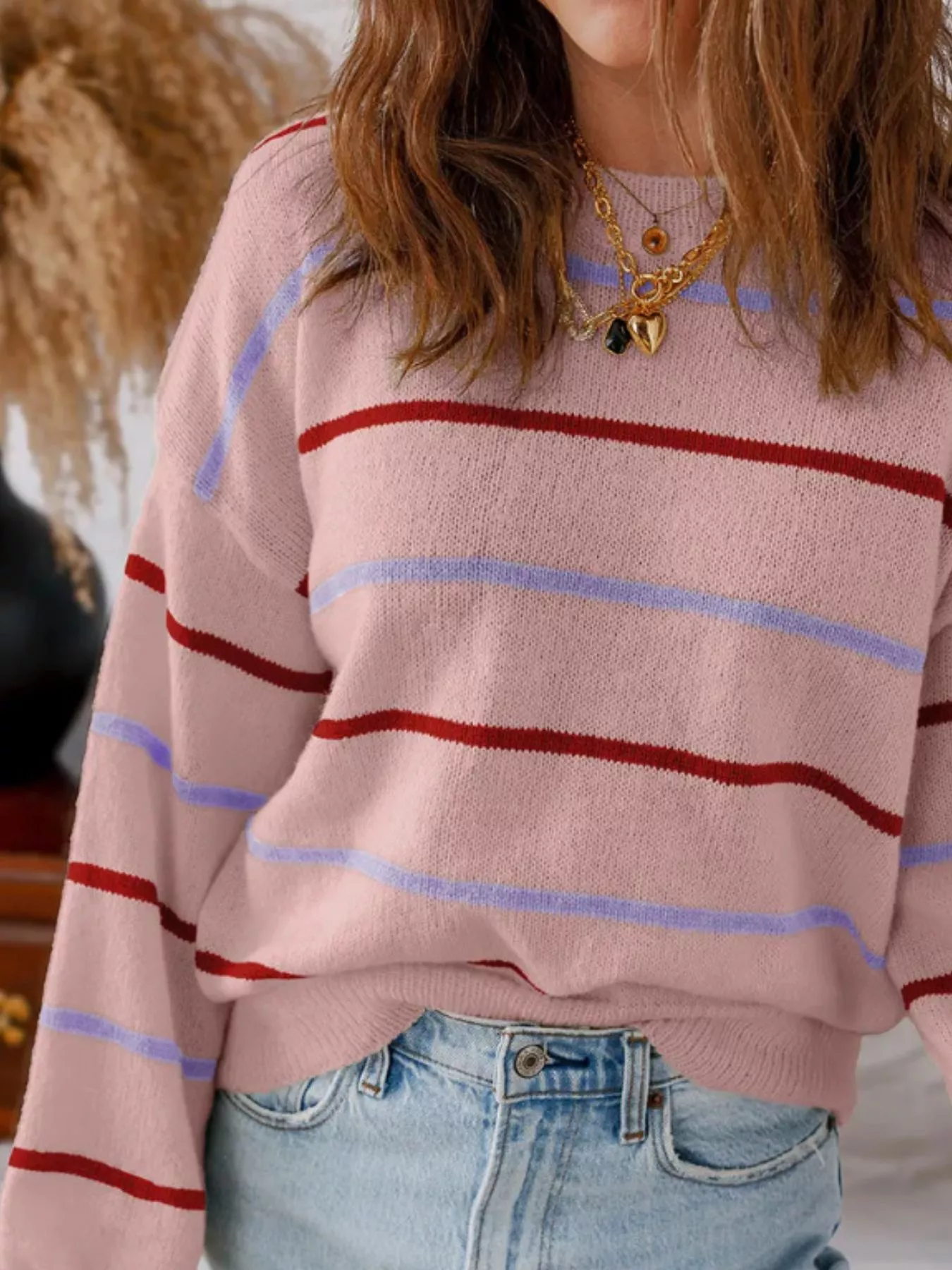 Striped Round Neck Drop Shoulder Sweater - Image 6