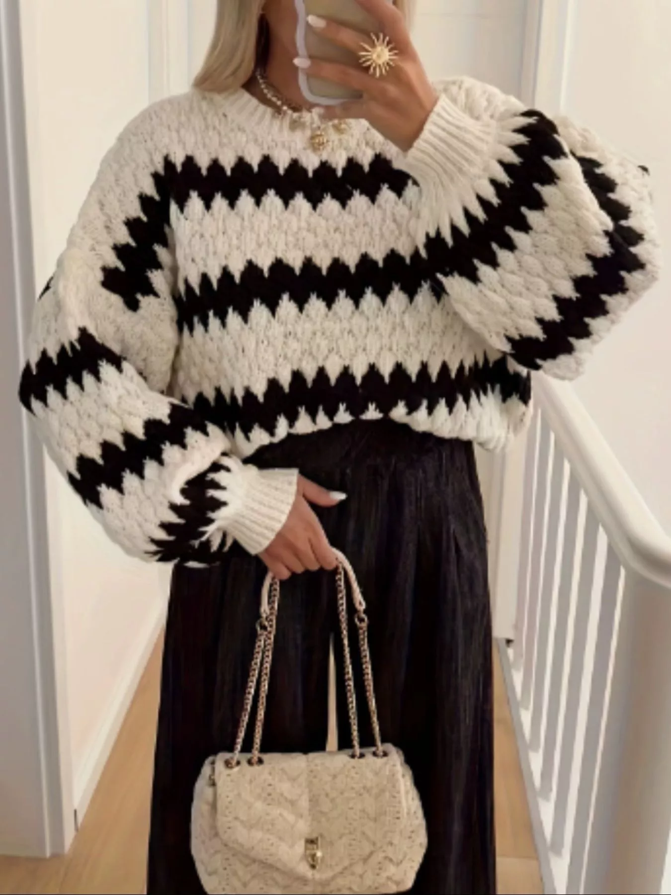 Striped Round Neck Dropped Shoulder Sweater