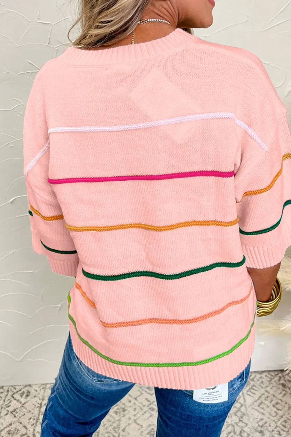 Striped Round Neck Half Sleeve Sweater - Image 2