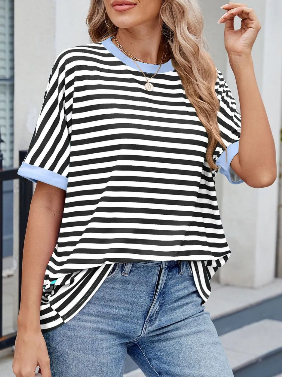 Striped Round Neck Half Sleeve T-Shirt - Image 20