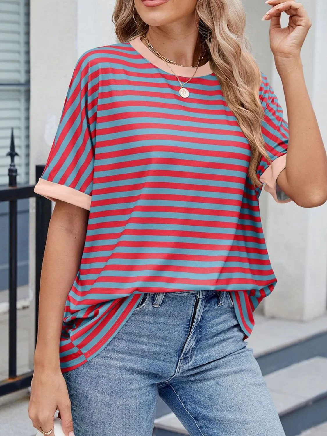 Striped Round Neck Half Sleeve T-Shirt - Image 28