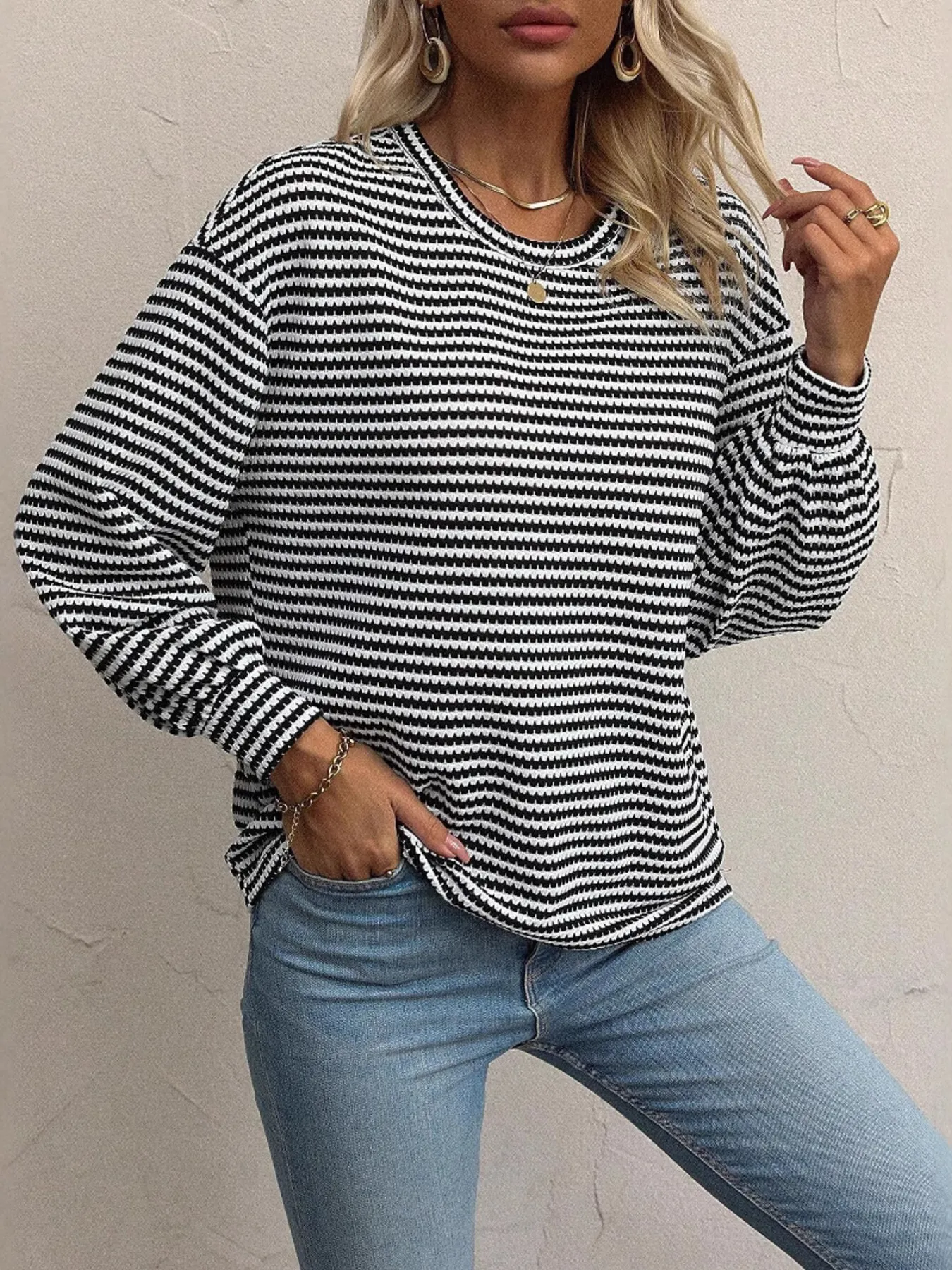 Striped Round Neck Lantern Sleeve Top - Image 3